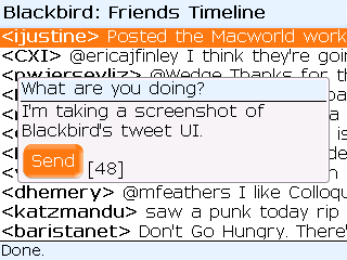Blackbird sending a Twitter update