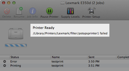 /Library/Printers/Lexmark/filter/pstopsprinter1 failed